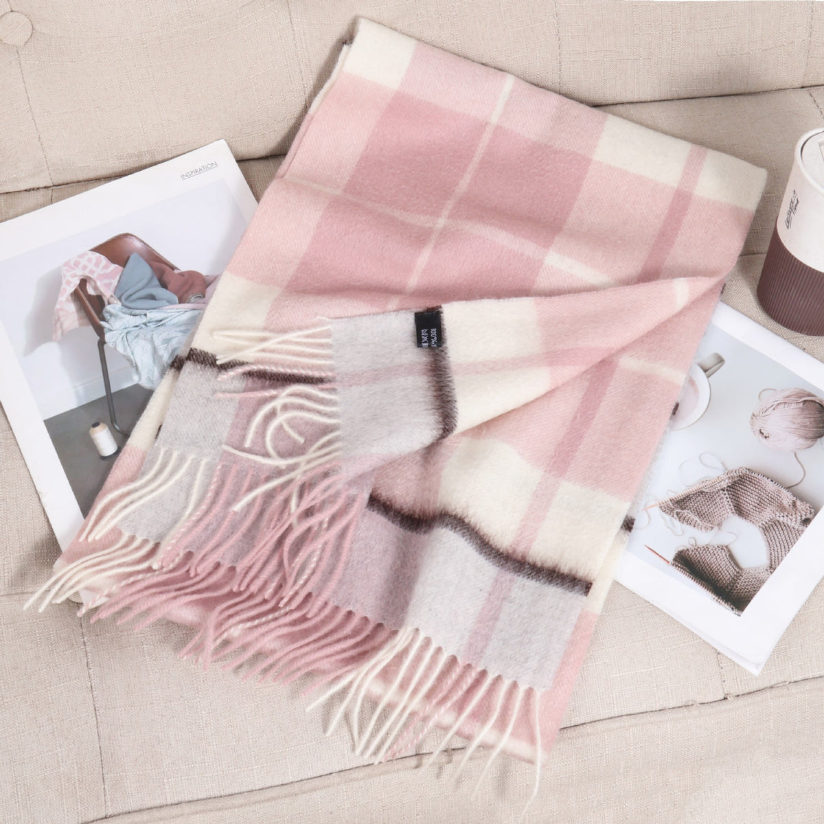 69'' Cashmere 100% Lambswool Tartan Scarf Warm Autumn Winter Scarf Solid Color Fringed Wool Scarf