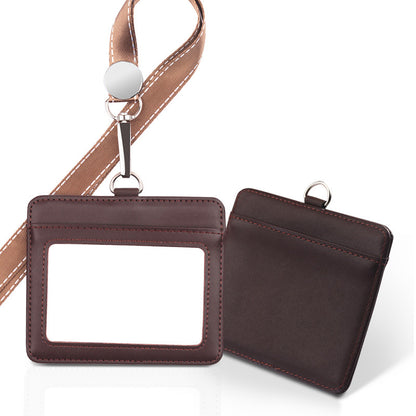 Horizontal Leather Employee's ID Badge Holder Card Holder With Lanyard
