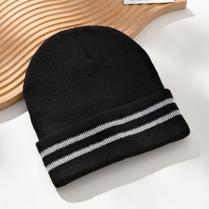 Reflective Double Stripes Unisex Adult Knit Cuffed Beanie Hat