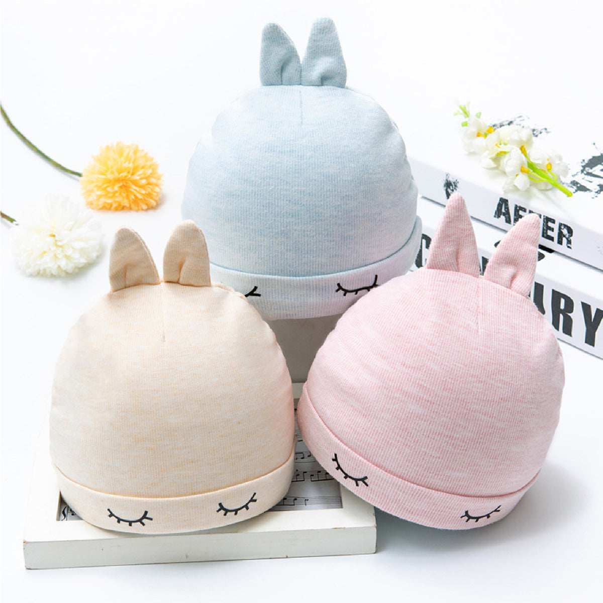 Newborn Infant Baby Beanie for Girls Boys Hats 0-6 Months Cute Eyelash Pattern Hat