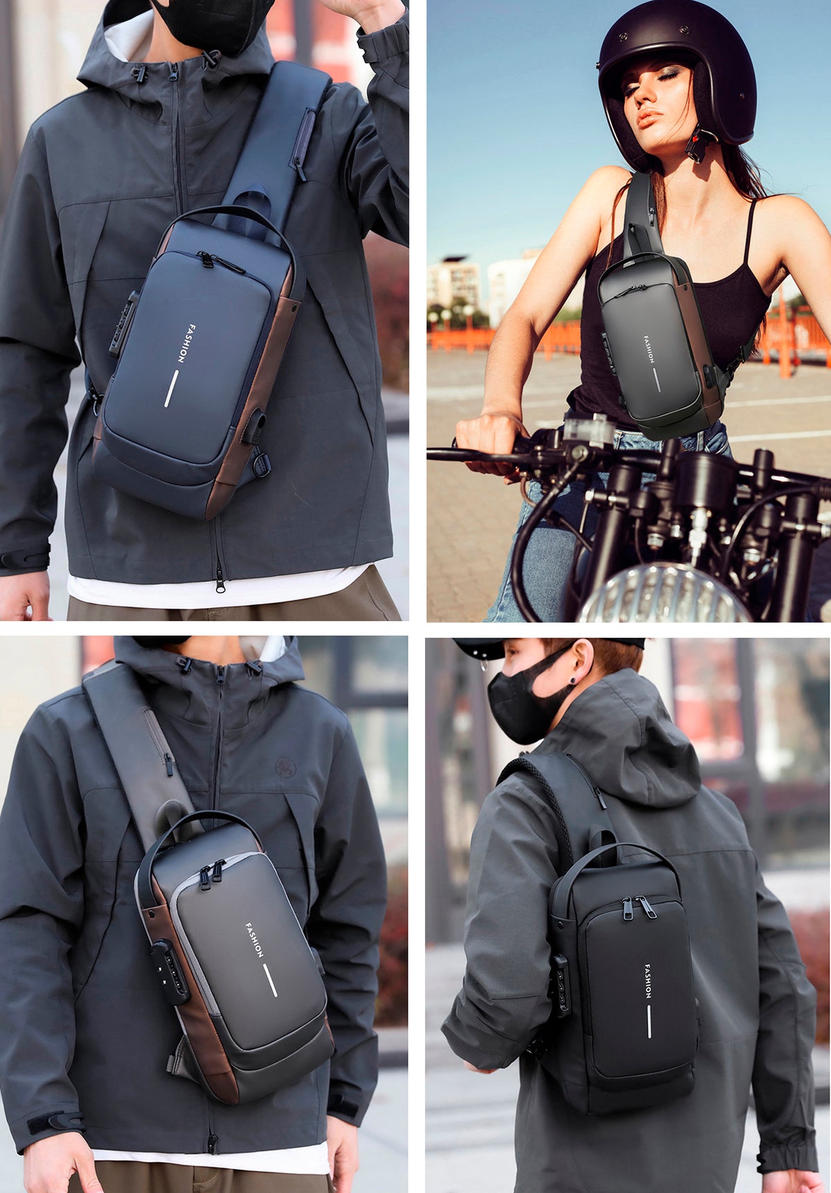Men's Sling Bag Chest Shoulder Backpack Crossbody Bag W/USB Charging Port and Coded Lock