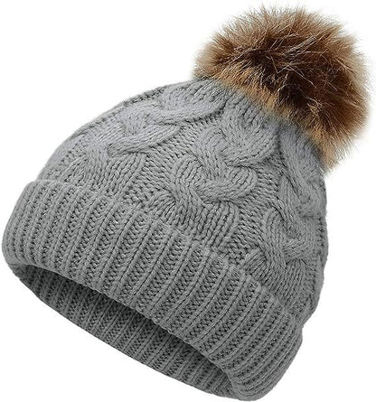 Children Cable Knit Beanie W/ Pom-pom