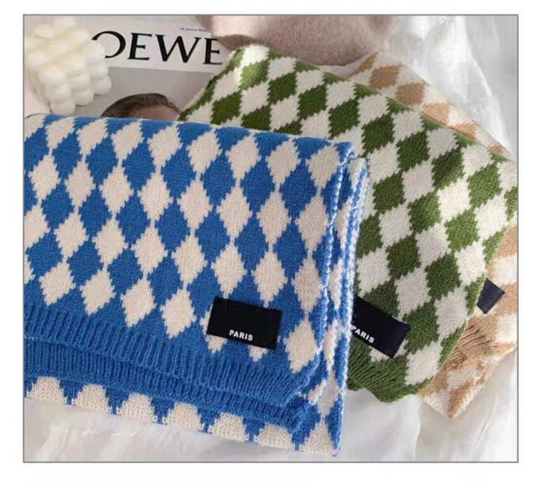 63" Polyester Checkerboard Plaid Scarf Cable Knitted Scarf Wrap Chunky Long Warm Scarf-Embroidery