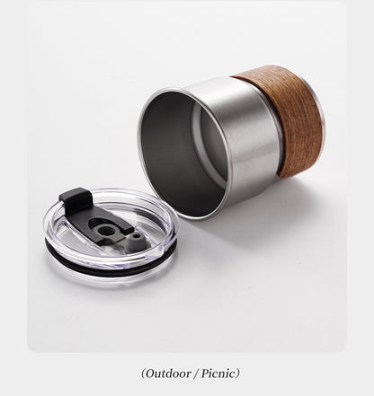 10 oz Coffee Mug Camping Mug with Flip Lid Stainless Steel Travel Tumbler Cup W/ Wood Hand Protector