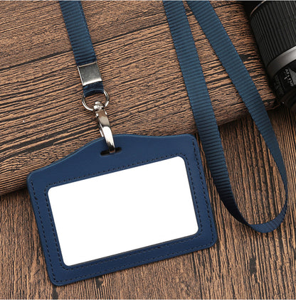 Leather Horizontal ID Badge Card Holder With Lanyard