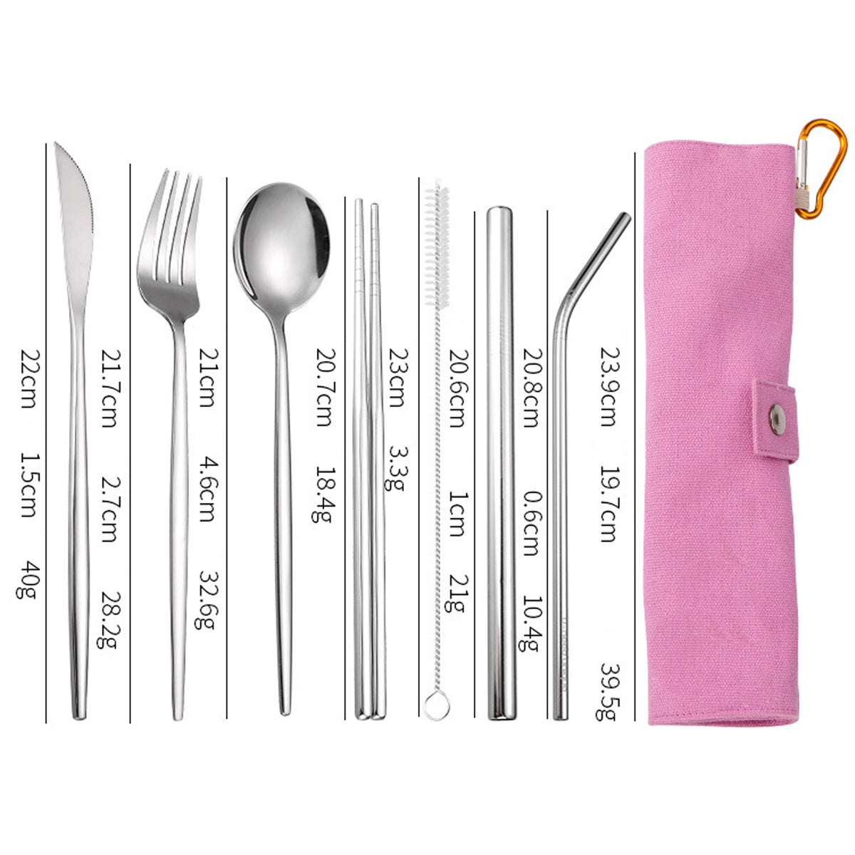 7-Piece 304 Stainless Steel Flatware Chopstick Spoon Straw Fork Knife Tableware Set W/Bag(Model C)
