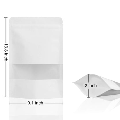 9.1 x 13.8" White Kraft Paper Bags W/Window Stand Up Ziplock Resealable Pouch Coffee Bag