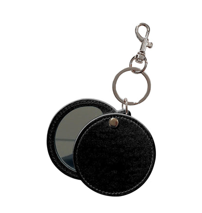 2.5" Diameter Round Shape Black Mini Keychain Compact Mirror of PU fabric