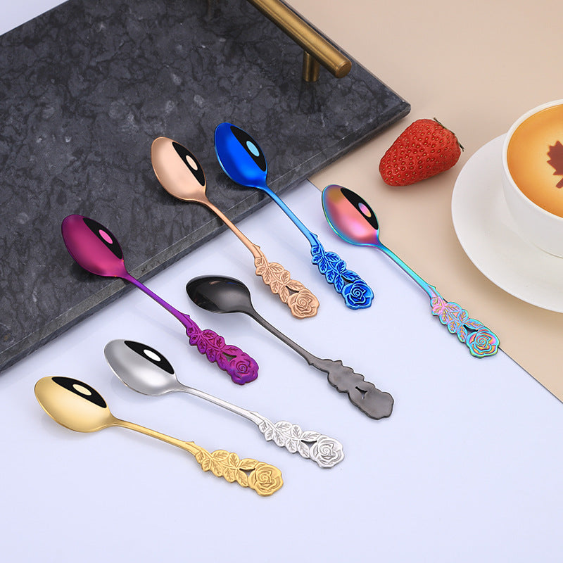 Coffee Spoons Stainless Steel Rose Handle Teaspoons Durable Dessert Spoons