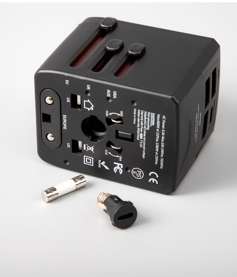 20W FCC Universal Travel Adapter W/3 USB Ports & 1 Type C Port W/A Black Case