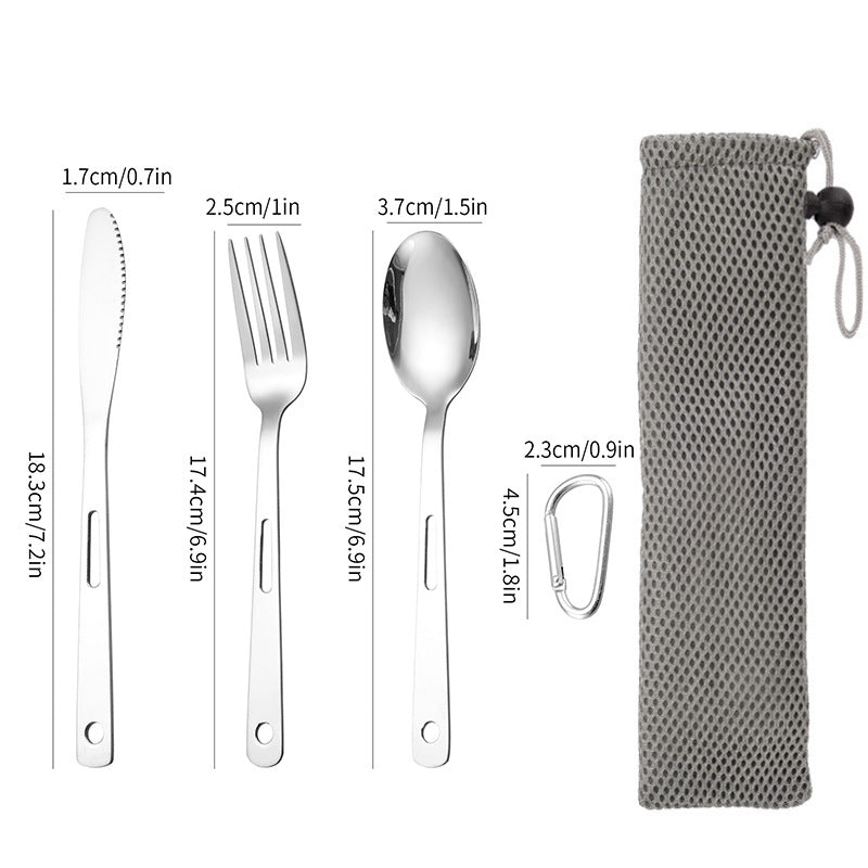 410 Stainless Steel 3 Pieces Reusable Travel Utensils Set with Carabiner Pouch Tableware Set