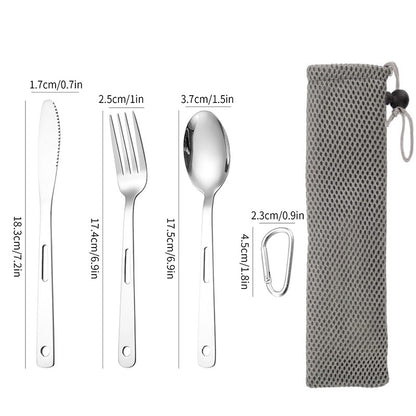 410 Stainless Steel 3 Pieces Reusable Travel Utensils Set with Carabiner Pouch Tableware Set