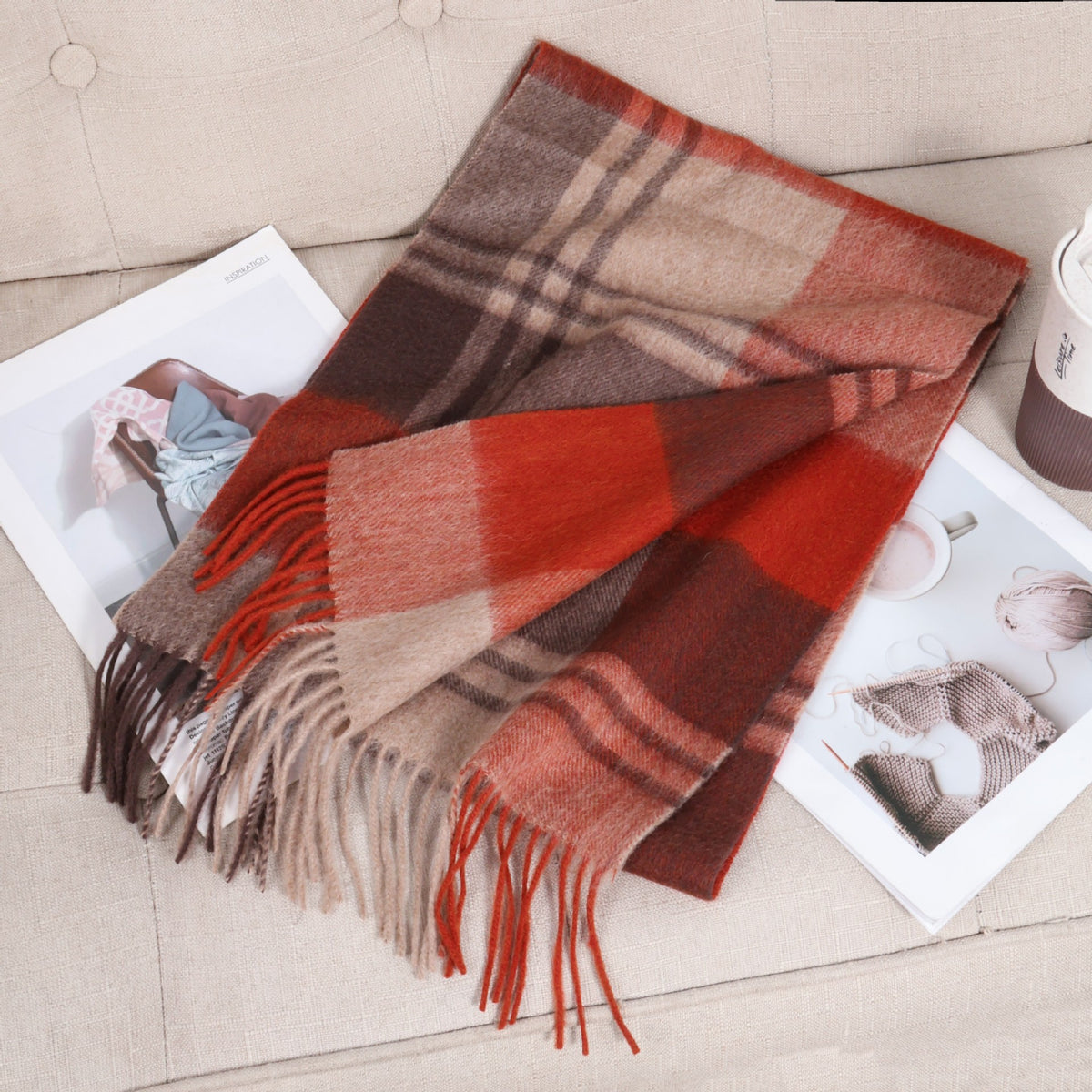 69'' Cashmere 100% Lambswool Tartan Scarf Warm Autumn Winter Scarf Solid Color Fringed Wool Scarf