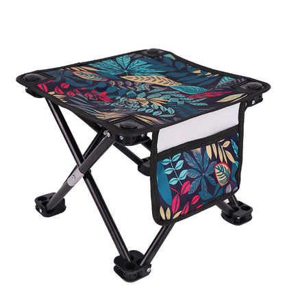 Portable Oxford Folding Stool Camping Outdoor Chairs W/Side Pocket & Carrying Bag(Blue Leaves)