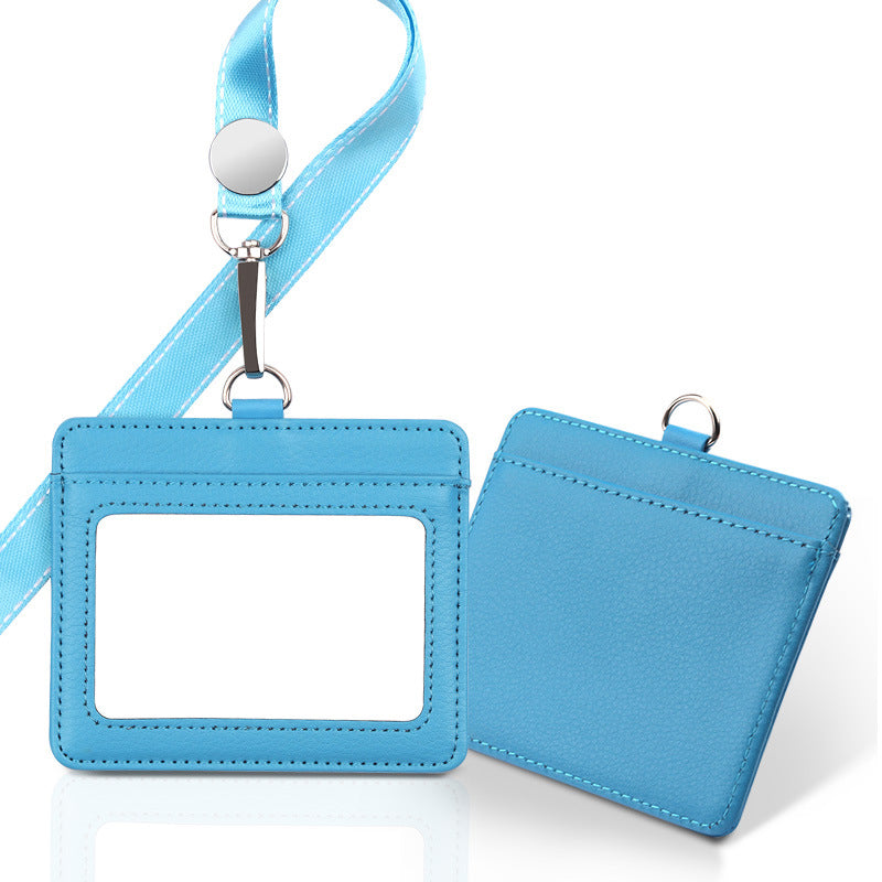 Horizontal Leather Employee's ID Badge Holder Card Holder With Lanyard