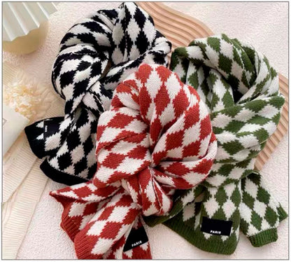63" Polyester Checkerboard Plaid Scarf Cable Knitted Scarf Wrap Chunky Long Warm Scarf-Woven Label