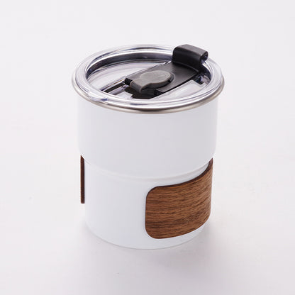 10 oz Coffee Mug Camping Mug with Flip Lid Stainless Steel Travel Tumbler Cup W/ Wood Hand Protector