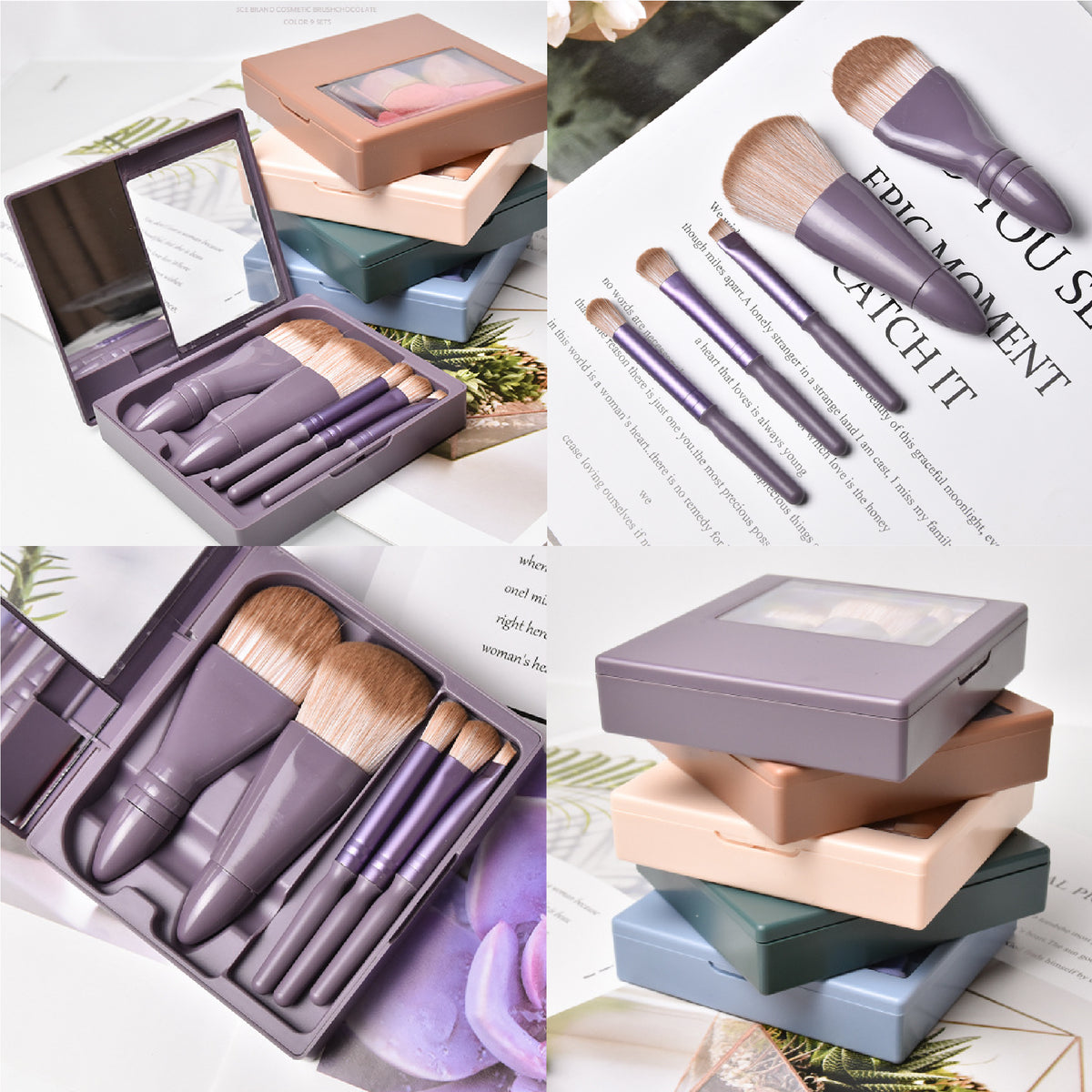 5-Piece Makeup Brush Set Travel Cosmetic Brush Gift Set with Case & Mirror