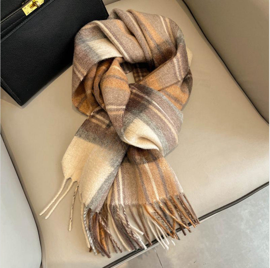 69'' Cashmere 100% Lambswool Tartan Scarf Warm Autumn Winter Scarf Solid Color Fringed Wool Scarf