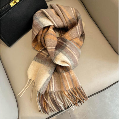 69'' Cashmere 100% Lambswool Tartan Scarf Warm Autumn Winter Scarf Solid Color Fringed Wool Scarf