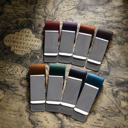 Retro Style Leather Pen Holder Traveler Notebook Pen Loop Stainless Steel Clip Money Clip