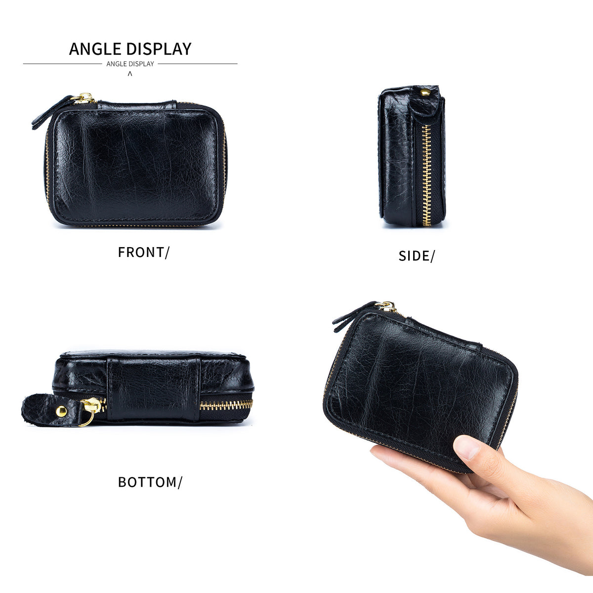 Full-grain Genuine Leather Zipper Makeup Bag Handle Bag Lipstick Storage Pouch W/Makeup Mirror