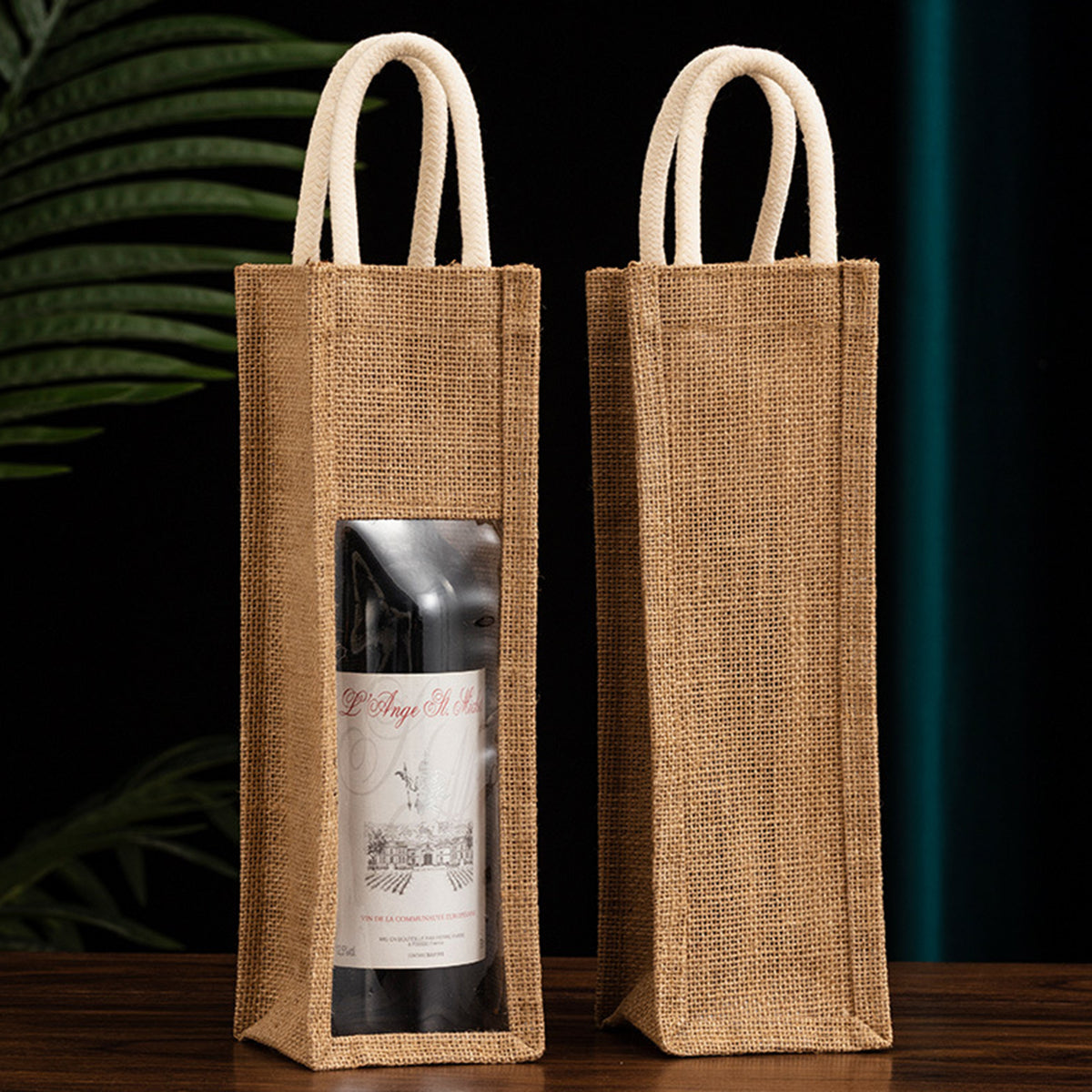 Reusable Jute Burlap Single Bottle Wine Gift Tote Bags w/ Window