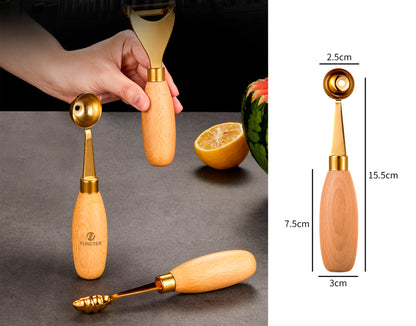 Round Gold 304 Stainless Steel Fruit Scoop Watermelon Scoop Ice Cream Scoop With Wood Handle