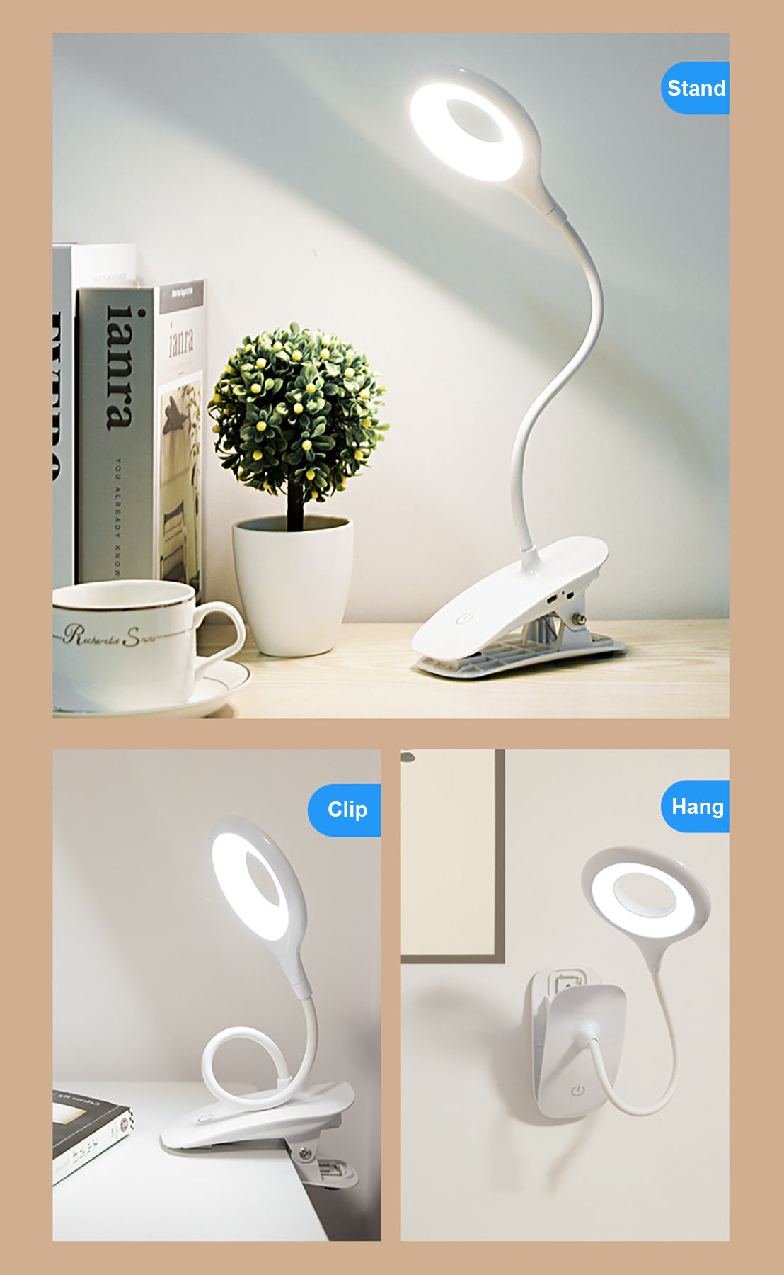3-level Brightness LED USB Rechargeable Touch Control Reading Clip Desk Lamp