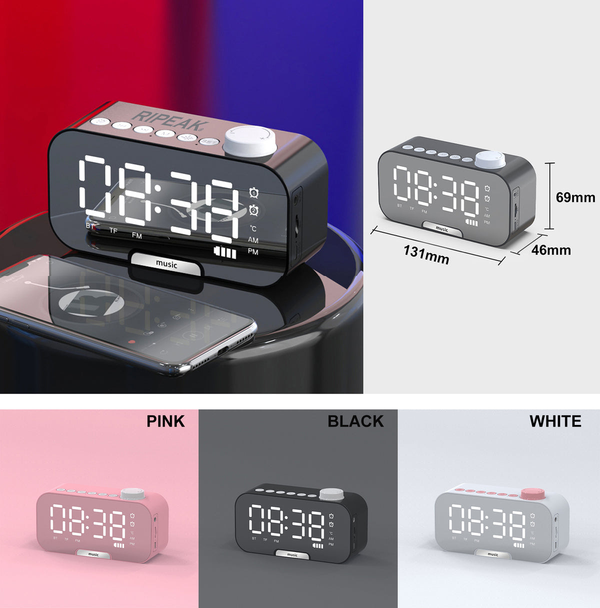 2000 mAh Digital LED Mirror Radio Alarm Clock Wireless Speaker W/Knob And Phone Bracket