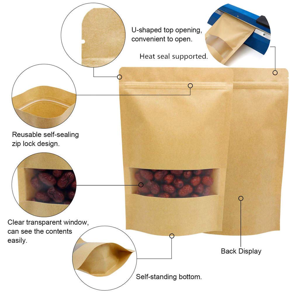 9 x 13.8" Kraft Bags with Window Stand Up Ziplock Seal Paper Bag Resealable Food Storage Pouch