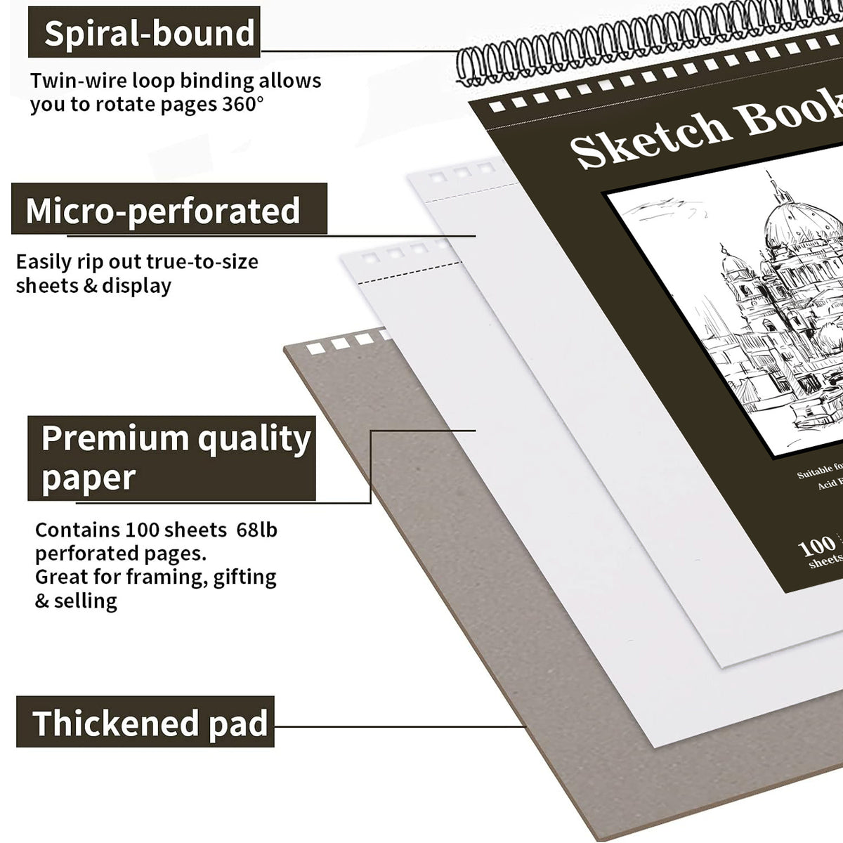 9"x12" Sketch Book 100 Sheets Sketch Pad Top Spiral Bound Drawing Book For Kids And Adults