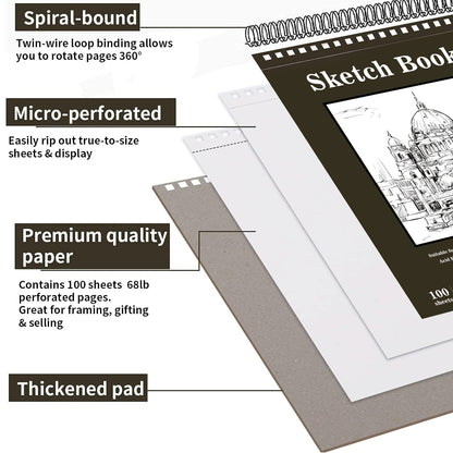 9"x12" Sketch Book 100 Sheets Sketch Pad Top Spiral Bound Drawing Book For Kids And Adults
