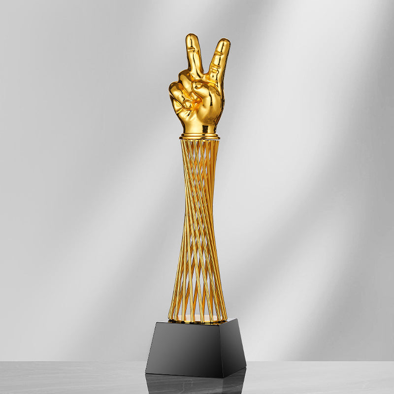 Victory Sign Shape Zinc Alloy Trophies w/A Black Crystal Base