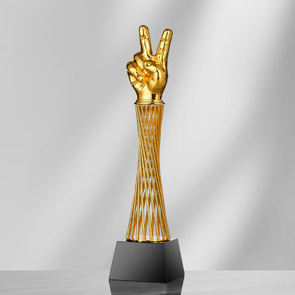 Victory Sign Shape Zinc Alloy Trophies w/A Black Crystal Base