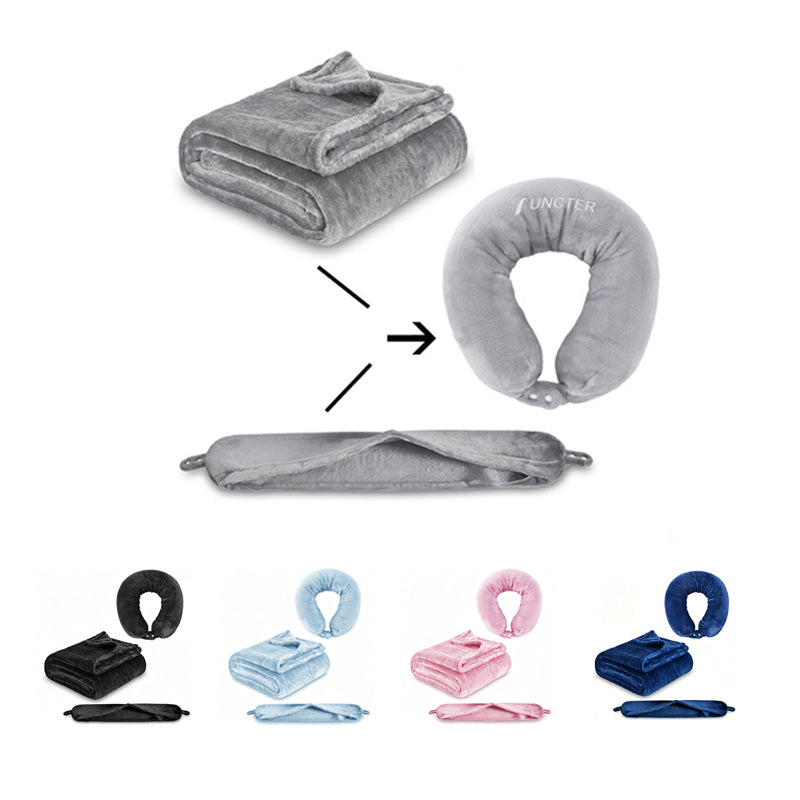 2-in-1 Convertible Travel Blanket & U-Shaped Neck Pillow W/ Pouch Portable for Airplane Use