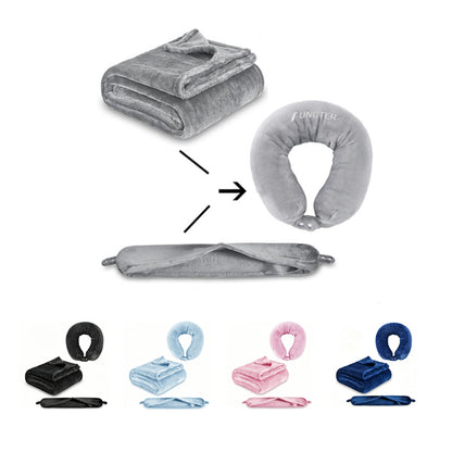 2-in-1 Convertible Travel Blanket & U-Shaped Neck Pillow W/ Pouch Portable for Airplane Use