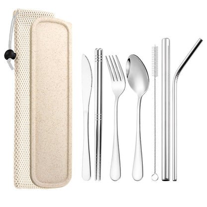 304 Stainless Steel Spoon Chopsticks Straw 7 Piece Tableware Set
