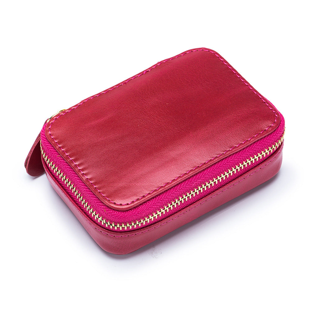 Full-grain Genuine Leather Zipper Makeup Bag Handle Bag Lipstick Storage Pouch W/Makeup Mirror