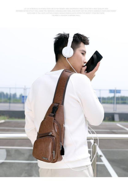 Men's PU Leather Sling Bag Chest Shoulder Backpack Crossbody Bag W/USB Charging Port