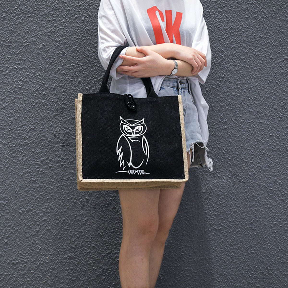Burlap Tote Bags W/ A Button