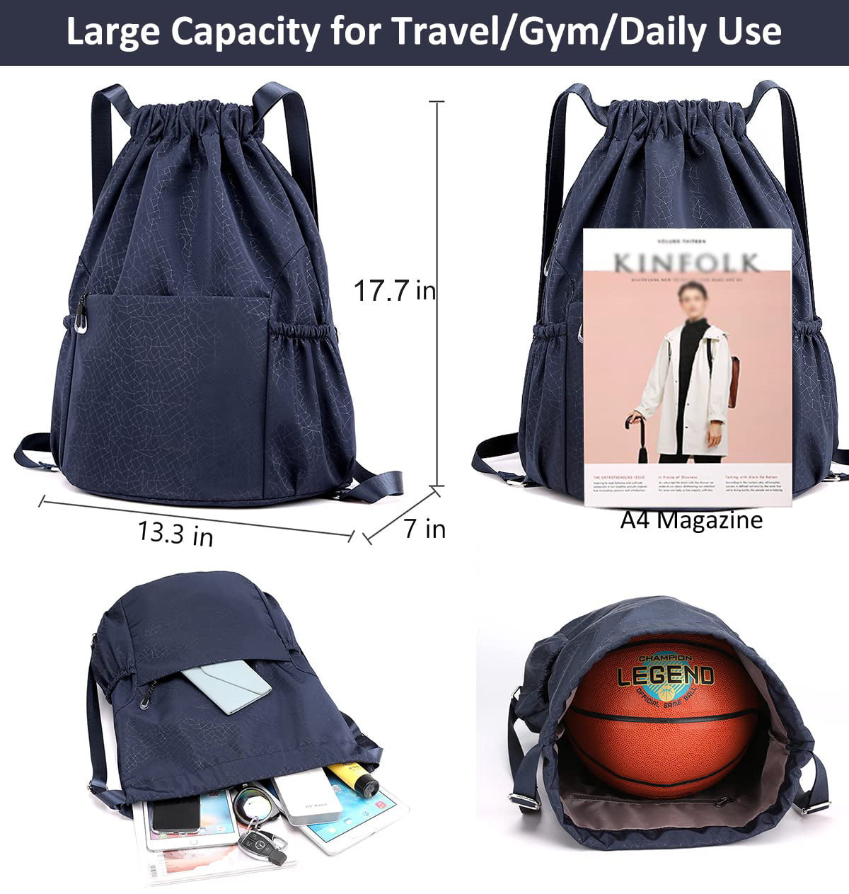 Waterproof Oxford Drawstring Backpack Sports Yoga Sackpack-Size L