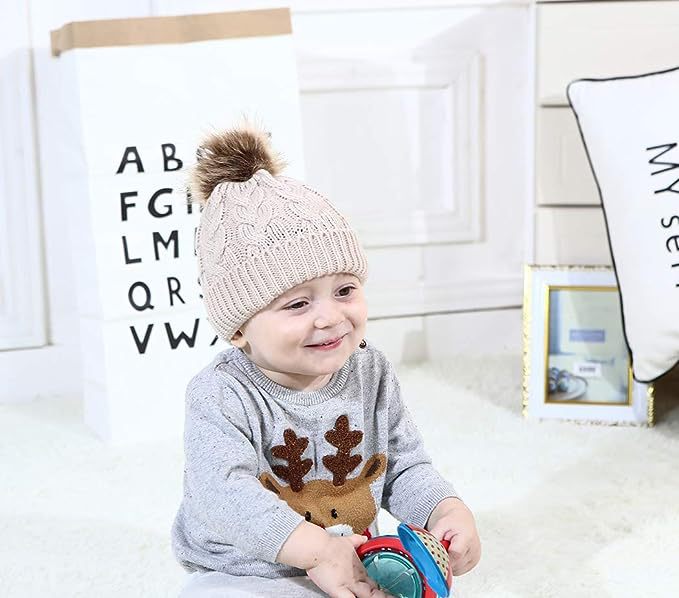 Children Cable Knit Beanie W/ Pom-pom