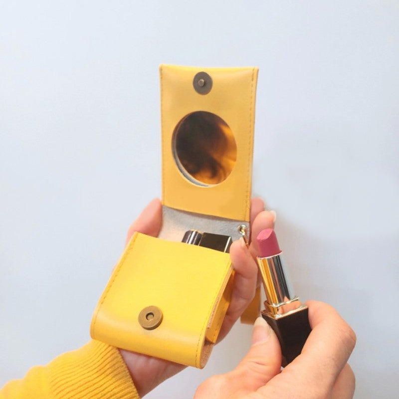 PU Leather Magnetic Buckle Makeup Bag Handle Bag Lipstick Storage Pouch W/Round Mirror