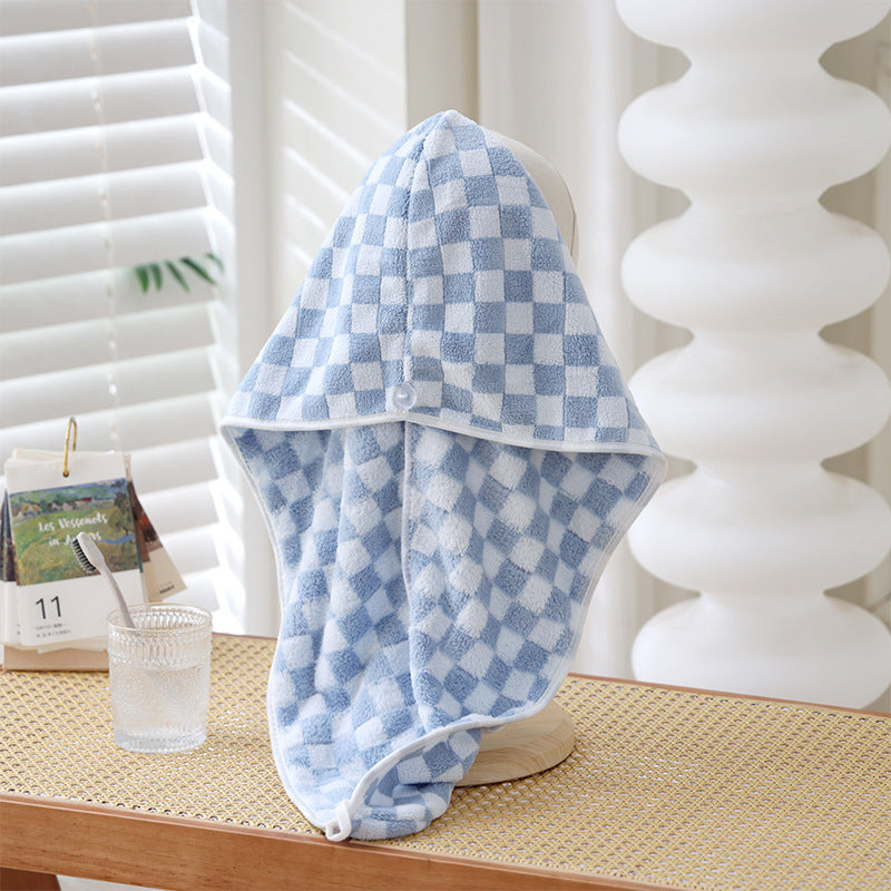 Microfiber Checkerboard Plaid Hair Towel Warp Hair Shower Cap Quick Dry Hair Turban with Button