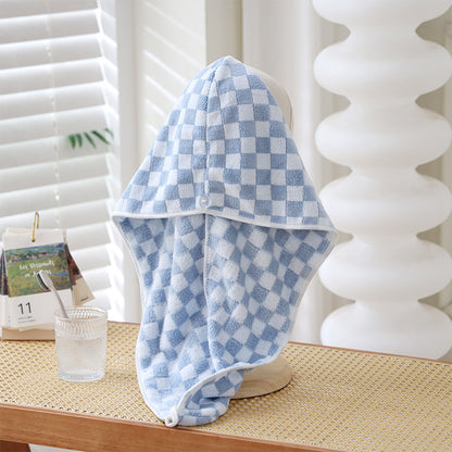 Microfiber Checkerboard Plaid Hair Towel Warp Hair Shower Cap Quick Dry Hair Turban with Button