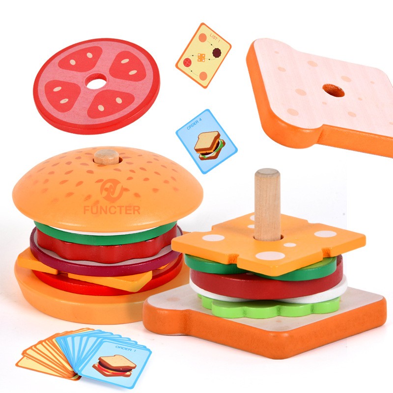 Wooden Sandwich/ Burger Stacking Toy Kids Pretend Play Food Set W/ Order Cards