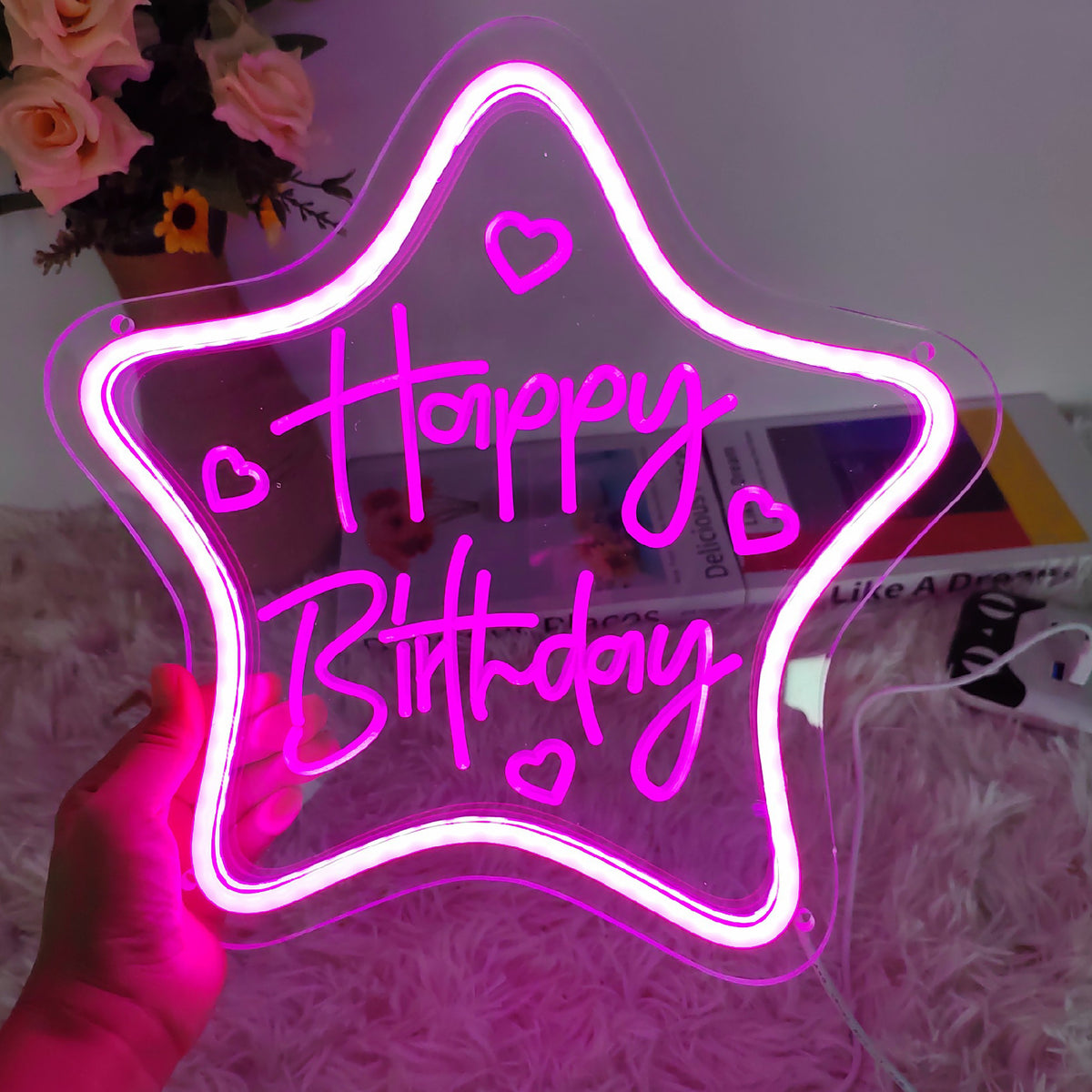 16" Birthday Party Neon Sign Custom Text Shining Star LED Light Happy Birthday Sign LED Glow Sign