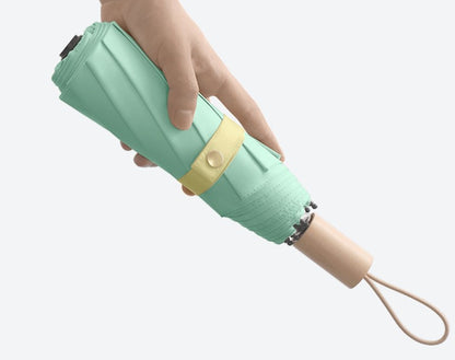 Windproof Solid Wood Handle Solid Color Three Fold Umbrella