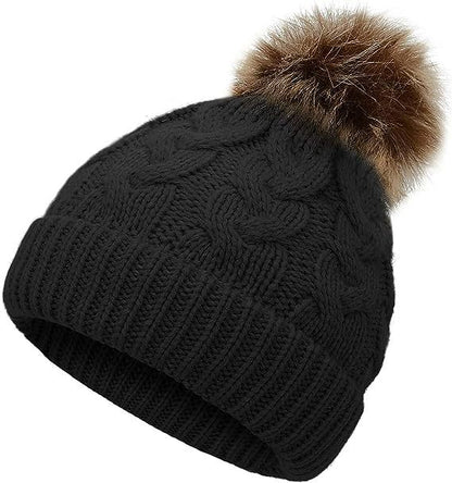 Children Cable Knit Beanie W/ Pom-pom